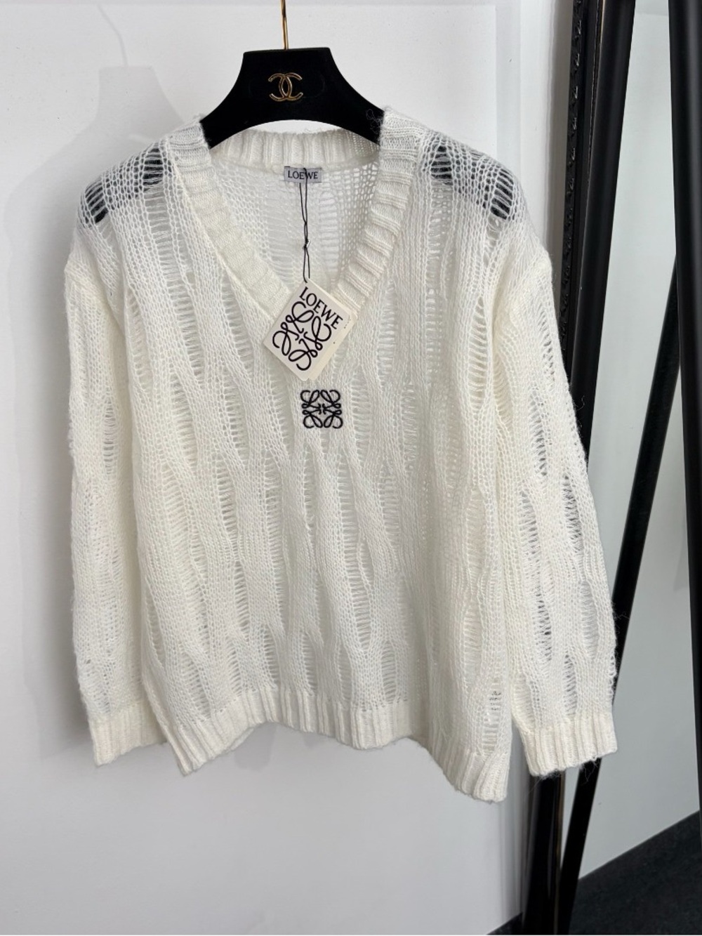 Loewe Cream Open-Knit V-Neck Sweater